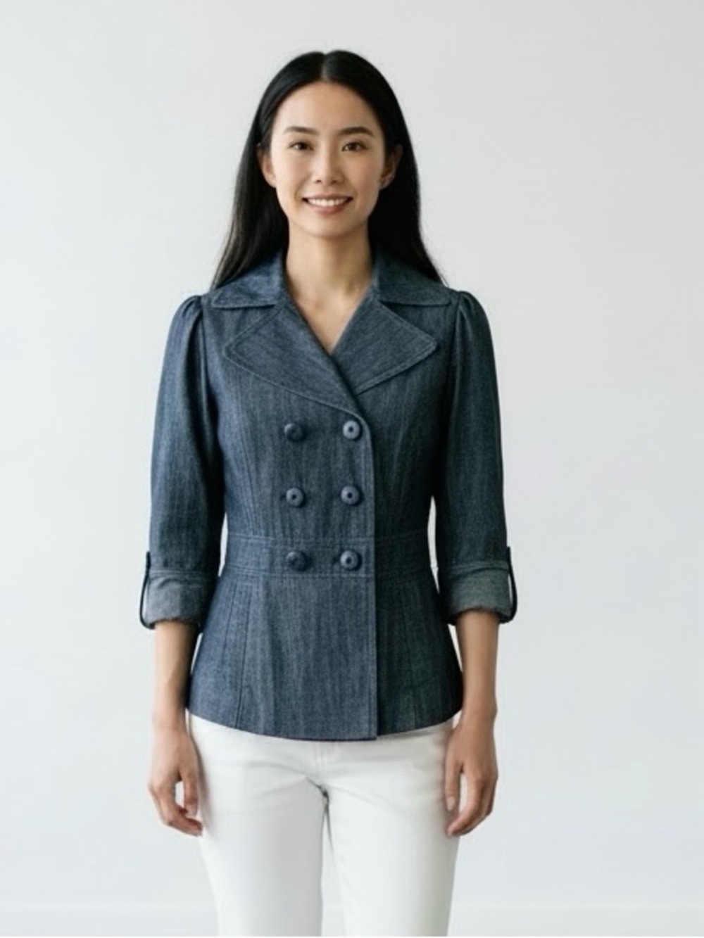 Classiques Entier Notched Collar Peplum Blazer Jacket Navy Blue XS